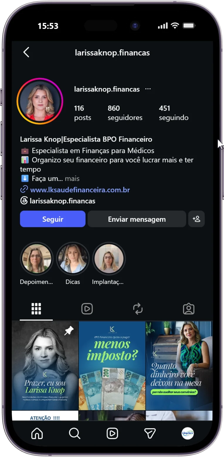 Perfil @larissaknop.financas exibido em um celular