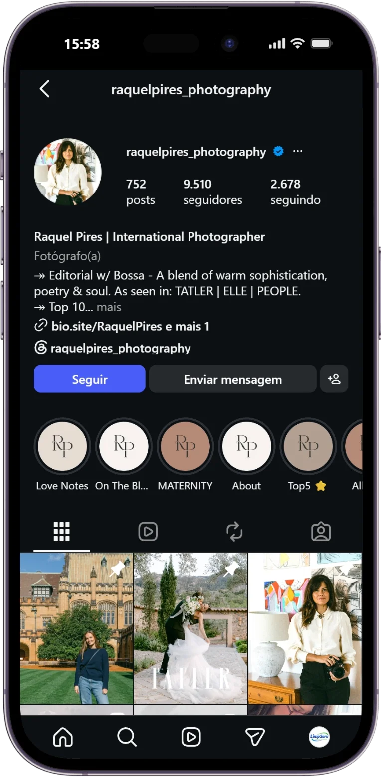 Perfil @raquelpires_photography exibido em um celular