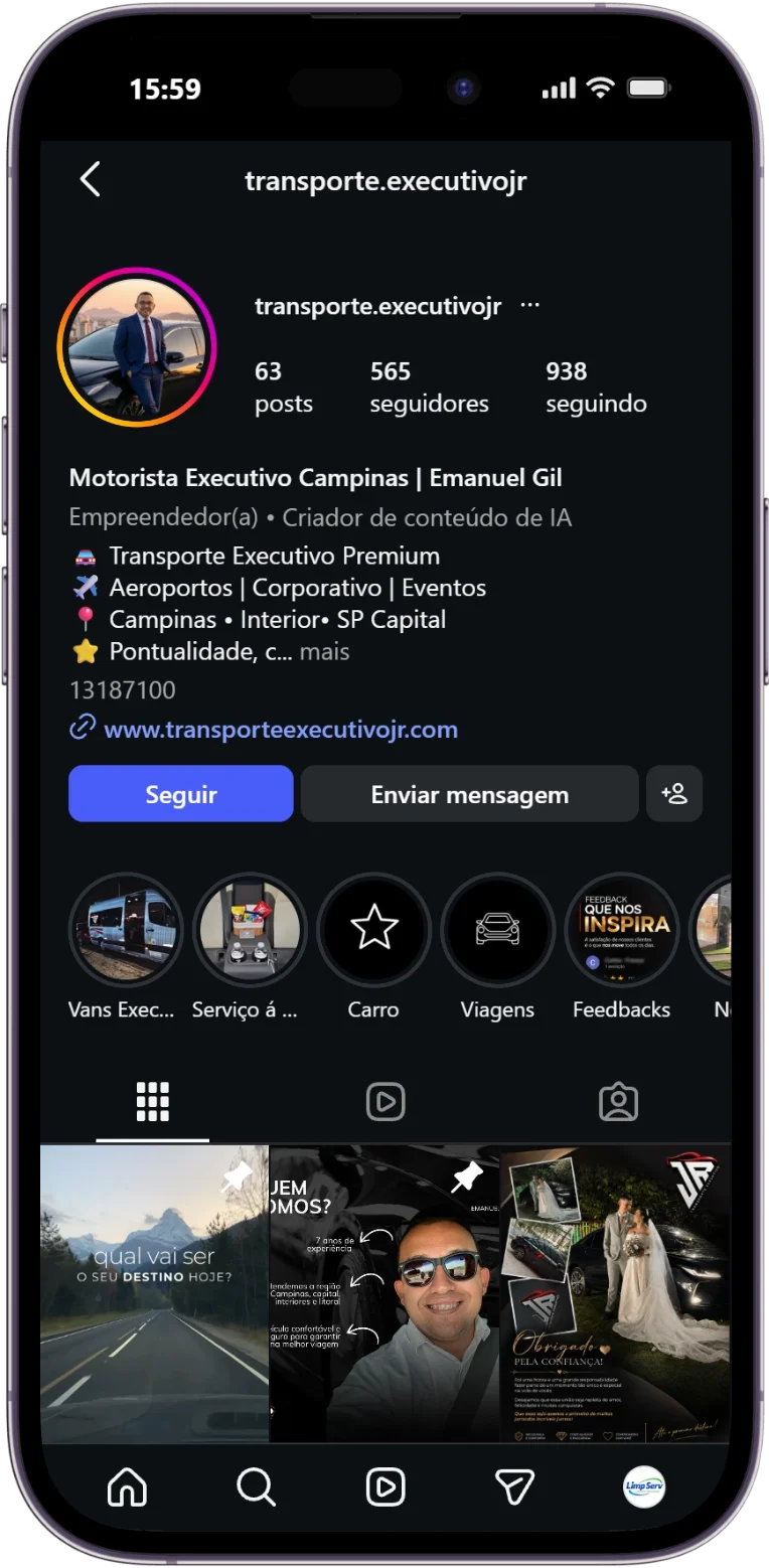 Perfil @transporte.executivojr exibido em um celular